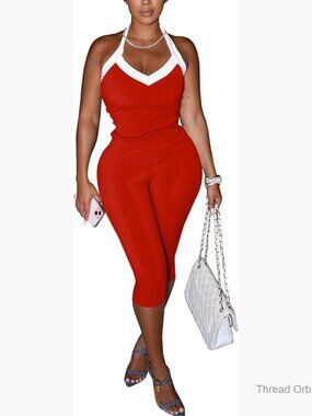 Women's Ribbed Halter Tank Top and Capri Legging Set Size Small